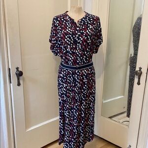 Floral Print Midi Dress - Navy, Red, and White